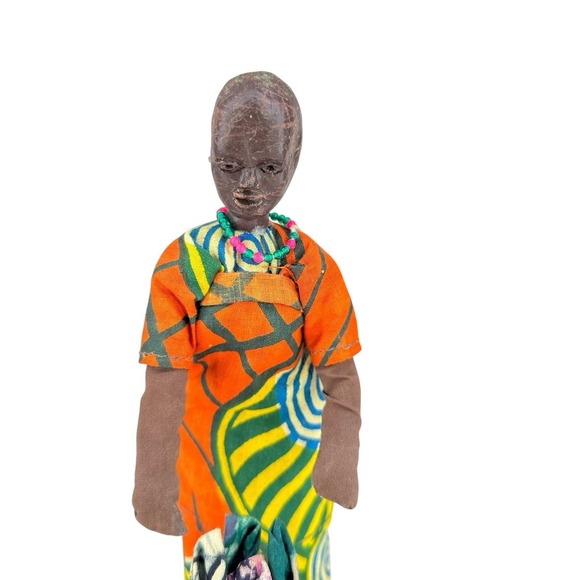 VTG African Woman‎ Figurine w/ Baby Handcrafted Wood & Fabric Folk Art Doll 8" - Picture 2 of 9